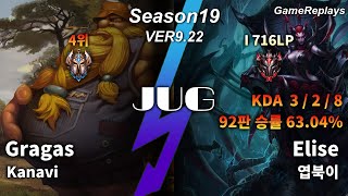 카나비(Kanavi) JUNGLE Gragas VS Elise Replay S9 / 정글 그라가스 VS 엘리스 관전 시즌9 - 4/3/4 Patch 9.22 KR