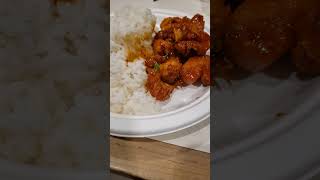 Korean spicy chicken serve with white rice.