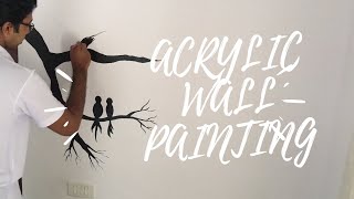 Acrylic Wall Painting Of LOVE Birds In a Tree | Monochromatic