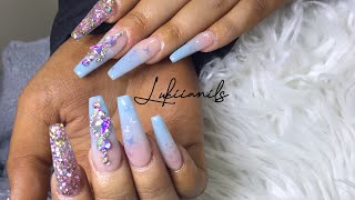 Long Baby Blue Ombré • Acrylic Powder Nails