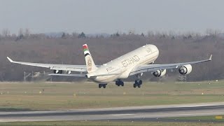 ✈Airbus A340-600 windy takeoff at Düsseldorf Airport | Etihad Airways