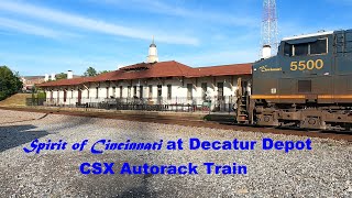 CSX Spirit of Cincinnati Leads Autorack Train at Decatur Depot