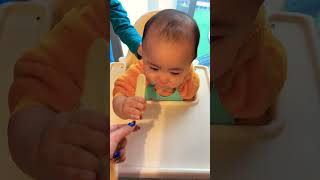 His reaction 😃 #7monthsoldbaby #babysnacks #firstime #babyfood #babyeating #japanesesnacksforbaby