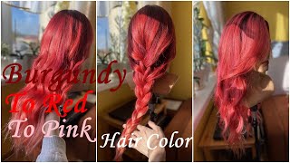 Farbowanie włosów | Bordowo, czerwono, różowe ombre | Burgundy to red to pink ombre hair dye