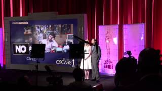 Starpulse backstage at the 2013 Oscar Nominations With Seth McFarlane and Emma Stone