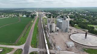 Drone video of a Union Pacific freight passing thru Gibbon Nebraska.