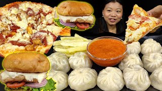 Street Food Mukbang, Eating Buff MOMO With Chutney, CrispyChicken Burger, Pizza, Nepali MUkbang