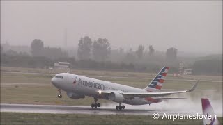 [HEAVY RAIN] American Airlines Boeing 767-300ER takeoff from Düsseldorf International Airport [HD]