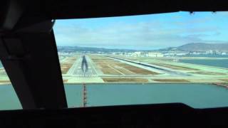 As seen from Cockpit: B747 landing on runway 28L San Franci