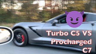 PROCHARGED C7 VS BIG TURBO C5 | Street Racing | Spin City!!