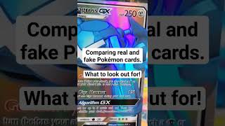 comparing Pokémon cards. real Vs Fake versions. Common things to check!