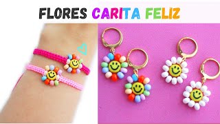 Como hacer pulseras y aretes de flor con carita feliz y mostacillas fáciles y bonitas