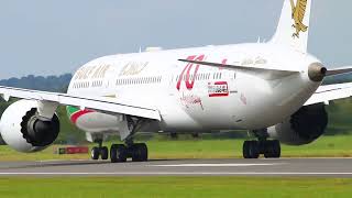 Gulf Air Dreamliner A9C-FG Retro livery departing at Manchester