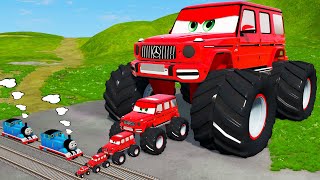 Big & Small Vizor Monster Truck vs McQueen with Spinner Wheels and Thomas Train - BeamNG.Drive