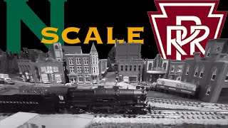 N-scale Pennsylvania Railroad locomotives with DCC/Sound on a large portable exhibit layout