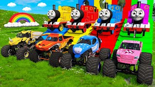 5 MONSTER TRUCKS vs Big & Small: McQueen with Spinner Wheels - Long Slide Game vs Thomas Train