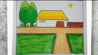 Draw landscape easy scenery drawing #drawing #stepbystep #villagescenary #housedrawing