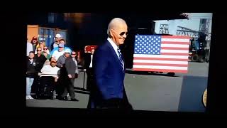 BIDEN TRIPS on FRIDAY 13 IN PHILLY GOING Up 5 steps to the stage.