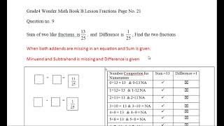 Grade4 WonderMath BookB Sum of two like fractions  is ,  and  Difference is  Find the two fractions