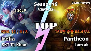 SKT T1 Khan TOP Irelia VS Pantheon Replay S9 / 탑 이렐리아 VS 판테온 관전 시즌9 - 11/4/8 Patch 9.22 KR