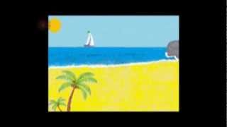 Seaside cartoon with sailing boat on horizon,waves.