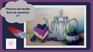 Bule de alumínio com torta( pt1). Pintura em tecido.