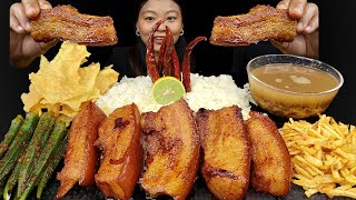 Eating Spicy Fatty Pork Belly With Rice, Pork Mukbang, Spicy Bhindi & Crispy fries, Nepali Mukbang