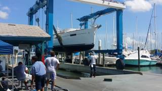 Beneteau 41 oceanis being hauled to prepare to ship to Mississippi