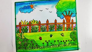 Garden drawing/how to draw garden scenery drawing/easy garden drawing/garden drawing for beginners