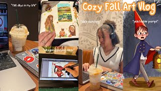 Artist Vlog 🎧🧸📔cafe sketching, peachtober prompt, designing playing cards