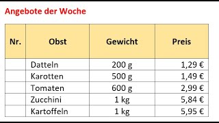 Tabelle Obst erstellen (Übung 1)