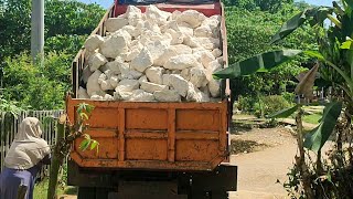 Mobil Dump Truk Toyota Dyna Bongkar Muatan Batu Gunung Sampai Mesor Mesor Di Lokasi Baru