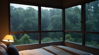 Comfortable Bedroom Rainy Atmosphere, Thick Blankets, And green Views of Trees