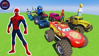 COLORFUL MONSTER CARS, SPIDERMAN AND FRIENDS, FUN DRIVING ON MEGA RAMP, ENJOY WATCHING- GTA V (EP-1)