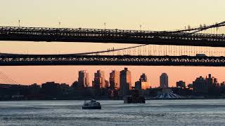 NYC bridge, subway sunrise.