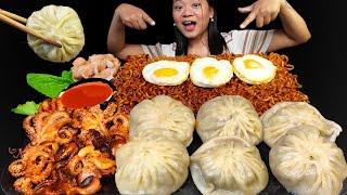 Eating Big Juicy Buff MOMO, Octopus, Spicy Black Bean Noodles & Chicken Sausages, Nepali Mukbang