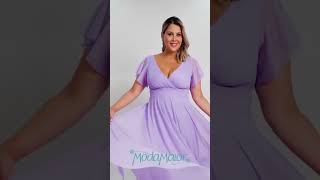 Vestido Plus Size de Festa com Brilho Longo e Manga Curta