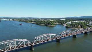 Drone video of a BNSF freight crossing the Columbia River into Vancouver Washington