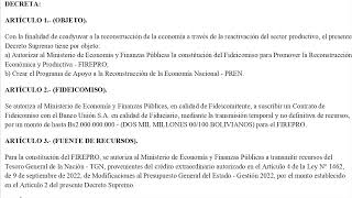 DECRETO SUPREMO N° 4862 - Crear el Programa de Apoyo a la Reconstrucción de la Economía Nacional