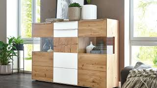 Massives Highboard Talvera von VALMONDO mit Farbglas & Hirnholz