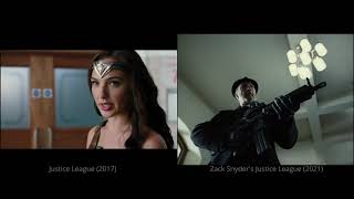 Justice League 2017 vs 2021, Wonder Woman London fight scene, side-by-side comparison,