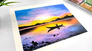 Sunset Landscape | Oil Pastel Drawing for Beginners - STEP by STEP | Satisfying ASMR