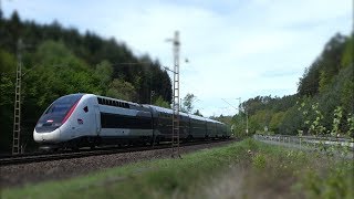 Züge am Franzosenwoog: Inoui ("neuer TGV"), BR 185 (Makro), ET 425...