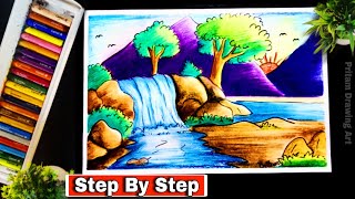 Easy Oil Pastel Landscape Scenery Drawing For Beginners -Step by step | Oil Pastel Drawing