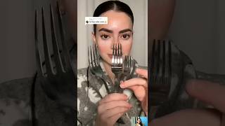 Makeup with fork 😮 by @ monamakeupdoll #shorts