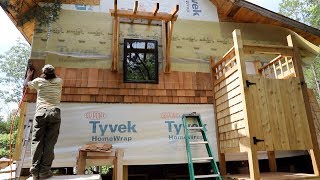 Keeping Cool Off Grid, Cedar Siding, Shade Awning, Hanging with my Dog