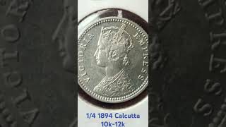 1/4 Rupee 1894 Victoria Empress Calcutta Mint Silver Rare Coin