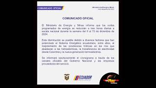 📢#NewsOnline📰 - #Ecuador🇪🇨 ▶️ Ministerio informó que cortes de energía eléctrica serán de 3 horas.