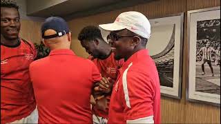 Sports CS Ababu Namwamba and KRU chairman Sasha Mutai celebrate Kenya's return to HSBC  Sevens