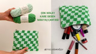 ÇOK KOLAY ÖRGÜ KARE DESEN MAKYAJ ÇANTASI